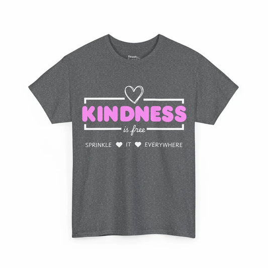 Gray t-shirt with 'Kindness is free' text design on a white background