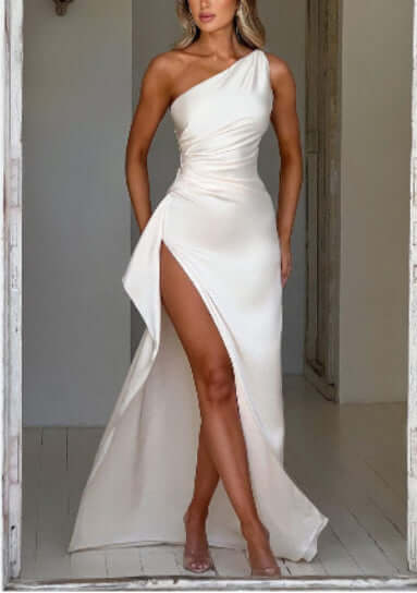 Luxe Satin One-Shoulder Backless Gown - Summer Slit Dress