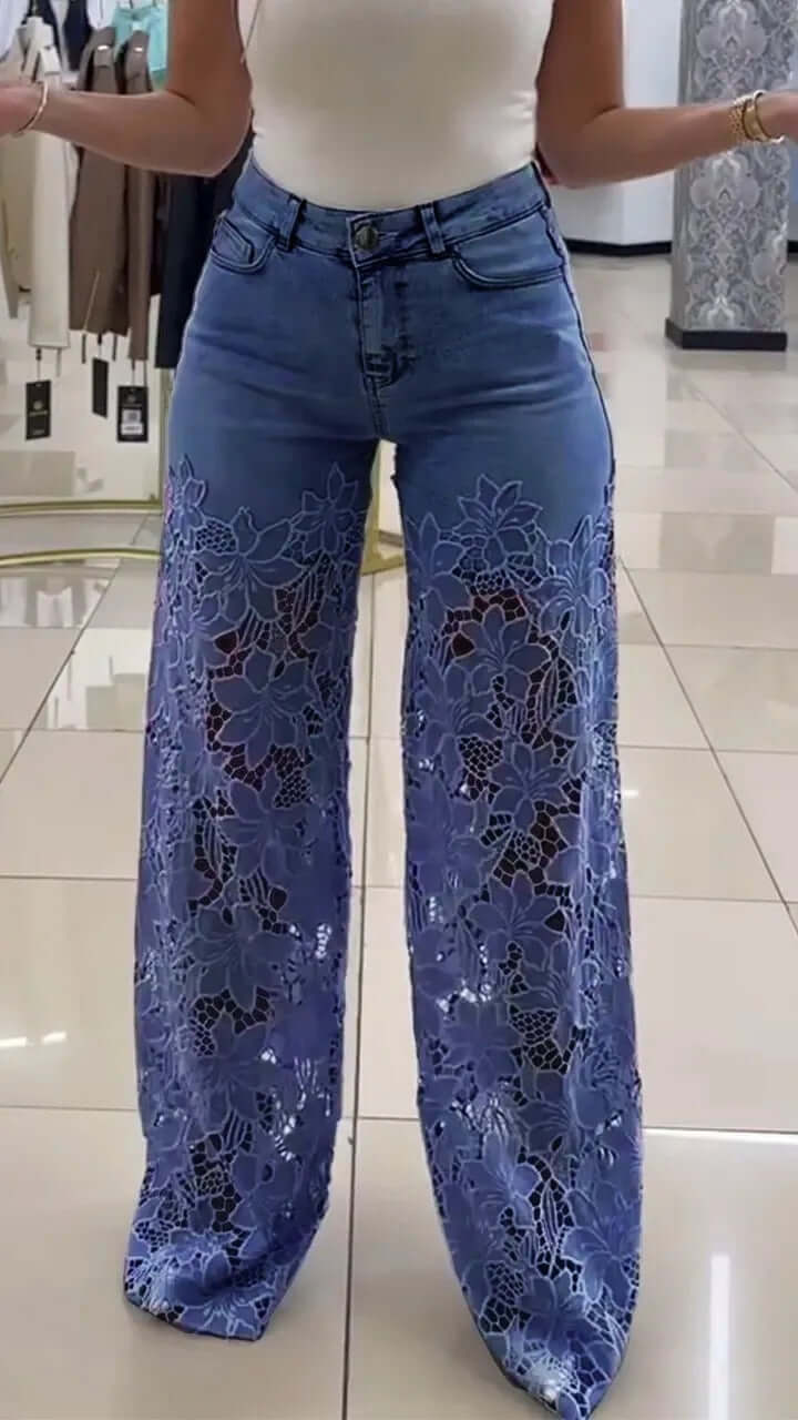High-Waist Floral Lace Cutout Wide Leg Jeans
