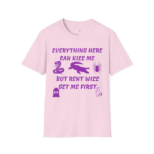 Pink t-shirt with purple text and graphics on a white background