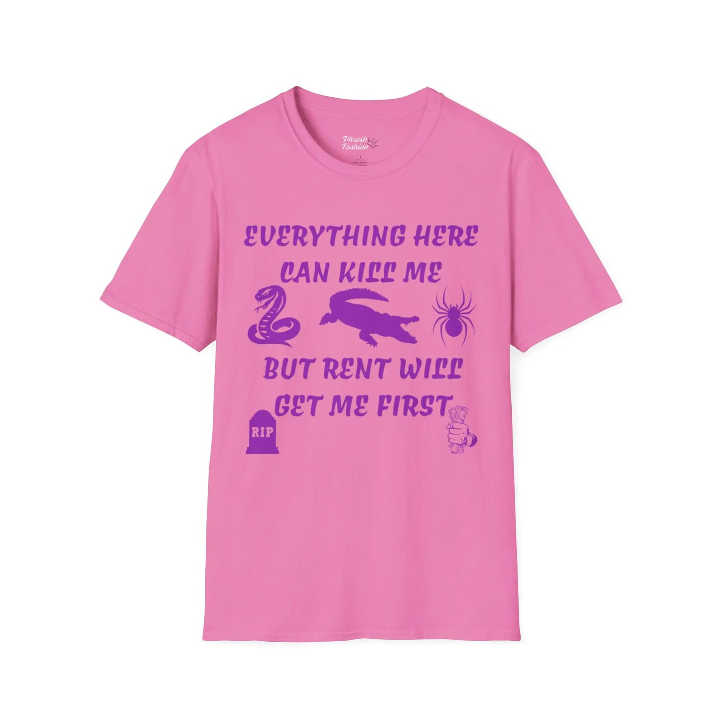 Pink t-shirt with purple text and graphics on a white background