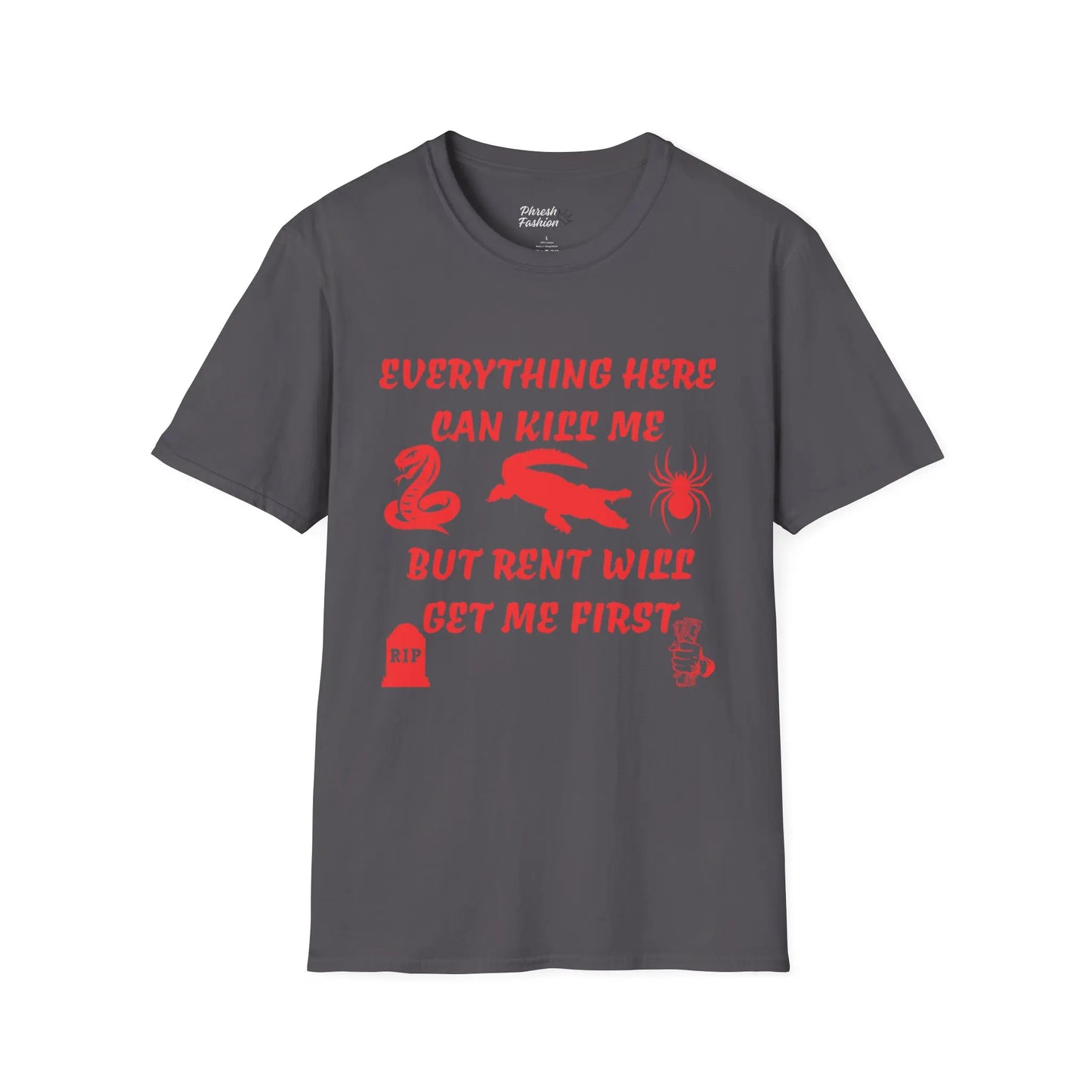 Gray t-shirt with red text and graphics on a white background