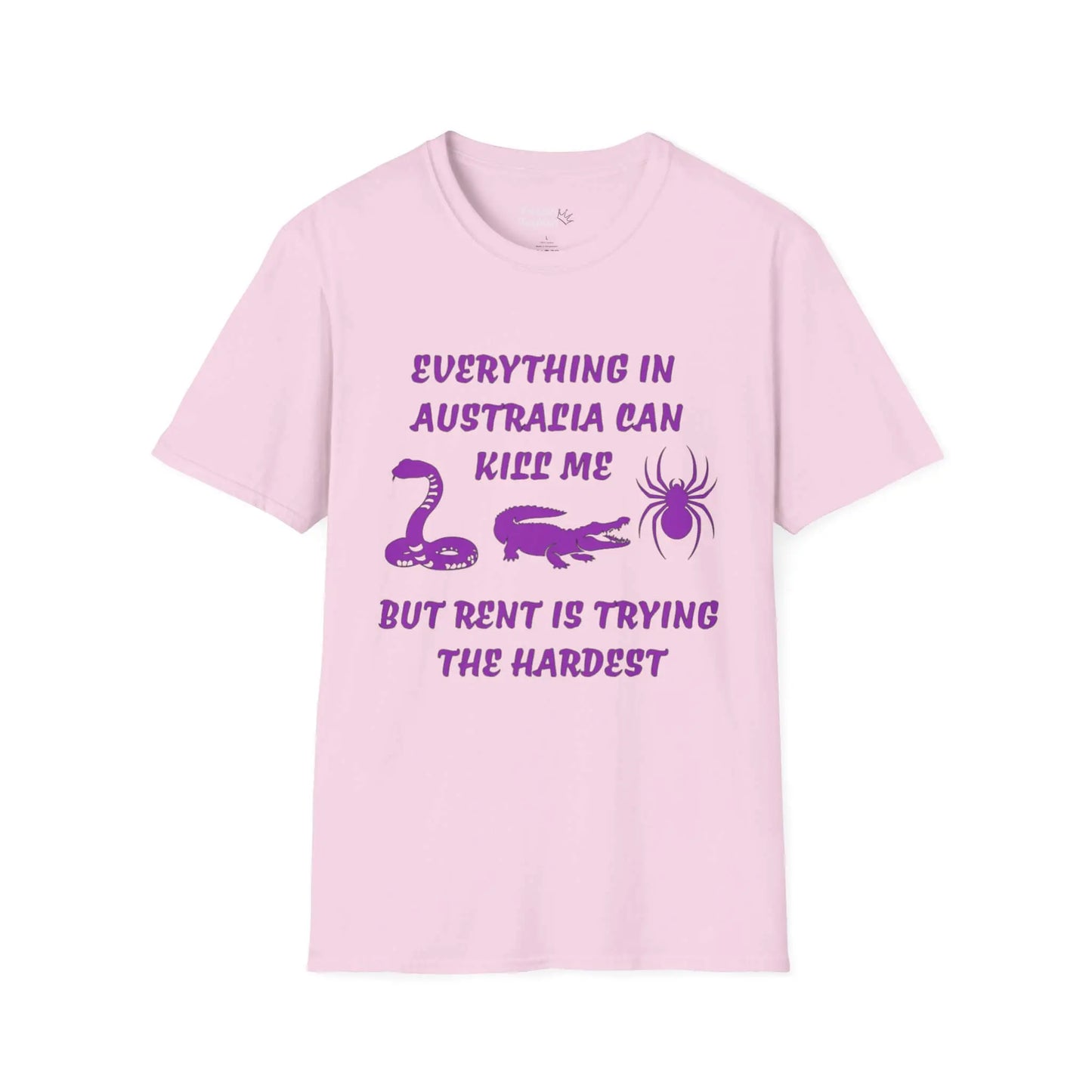 Pink t-shirt with purple text and icons on a white background