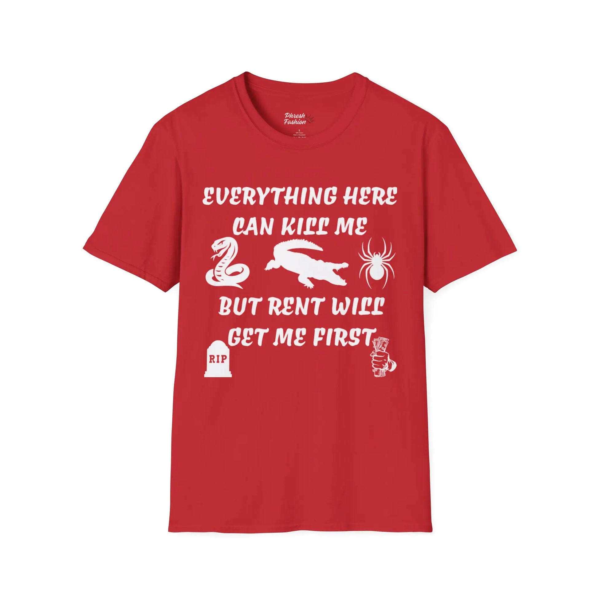 Red t-shirt with white text and graphics on a white background