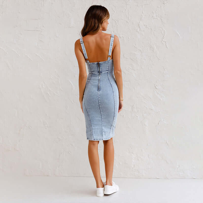 U-Neck Slim Fit Denim Slit Dress
