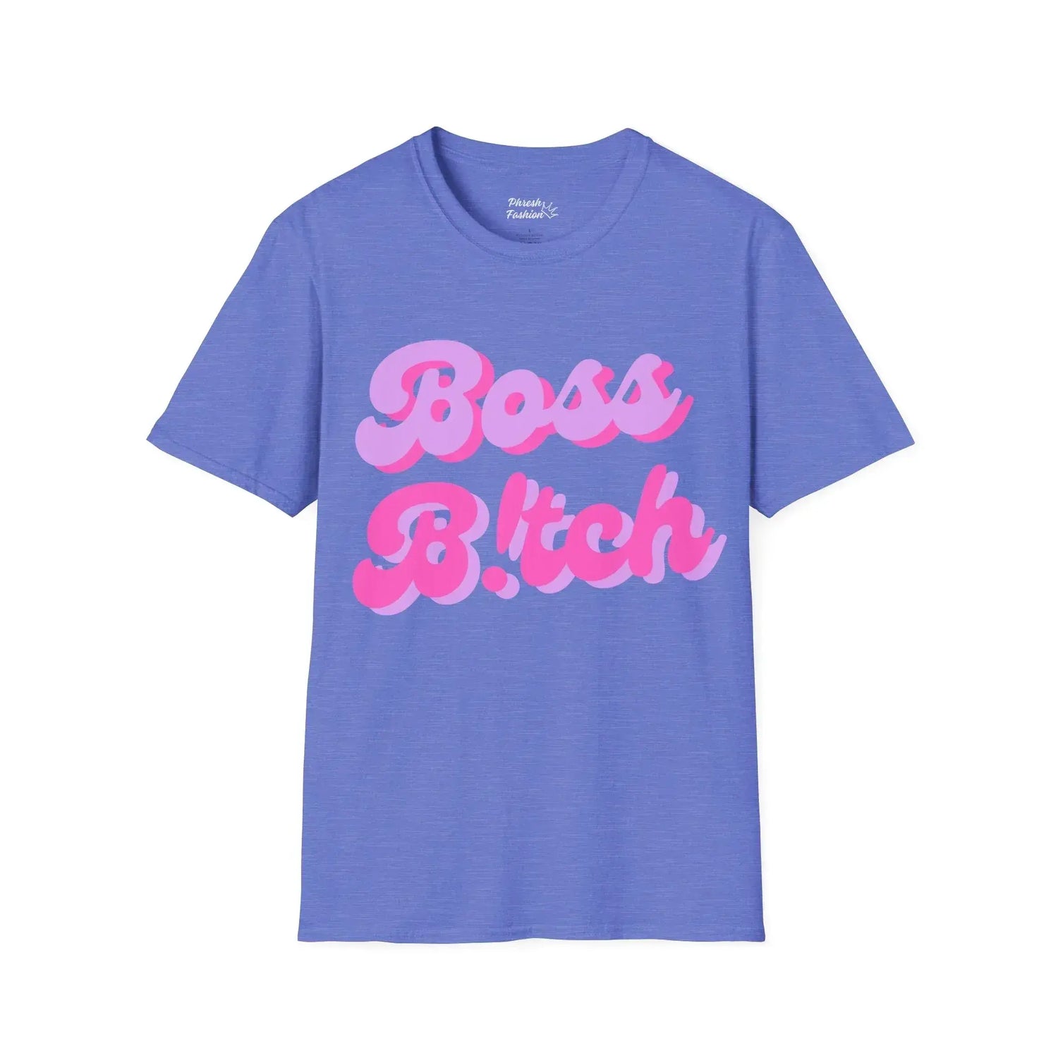 Blue t-shirt with pink text 'Boss Bitch' on a white background