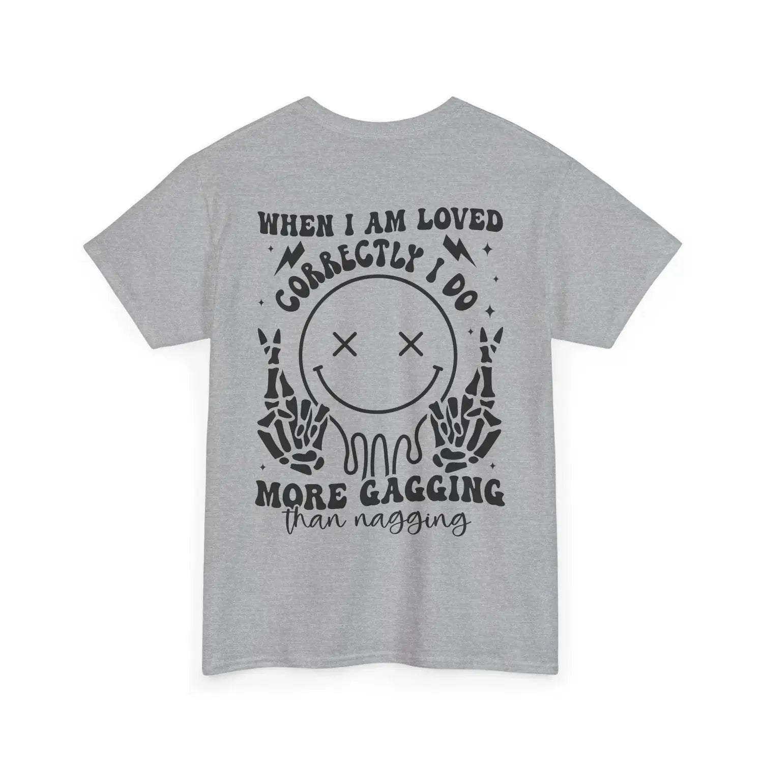 Gray t-shirt with black graphic and text on a white background