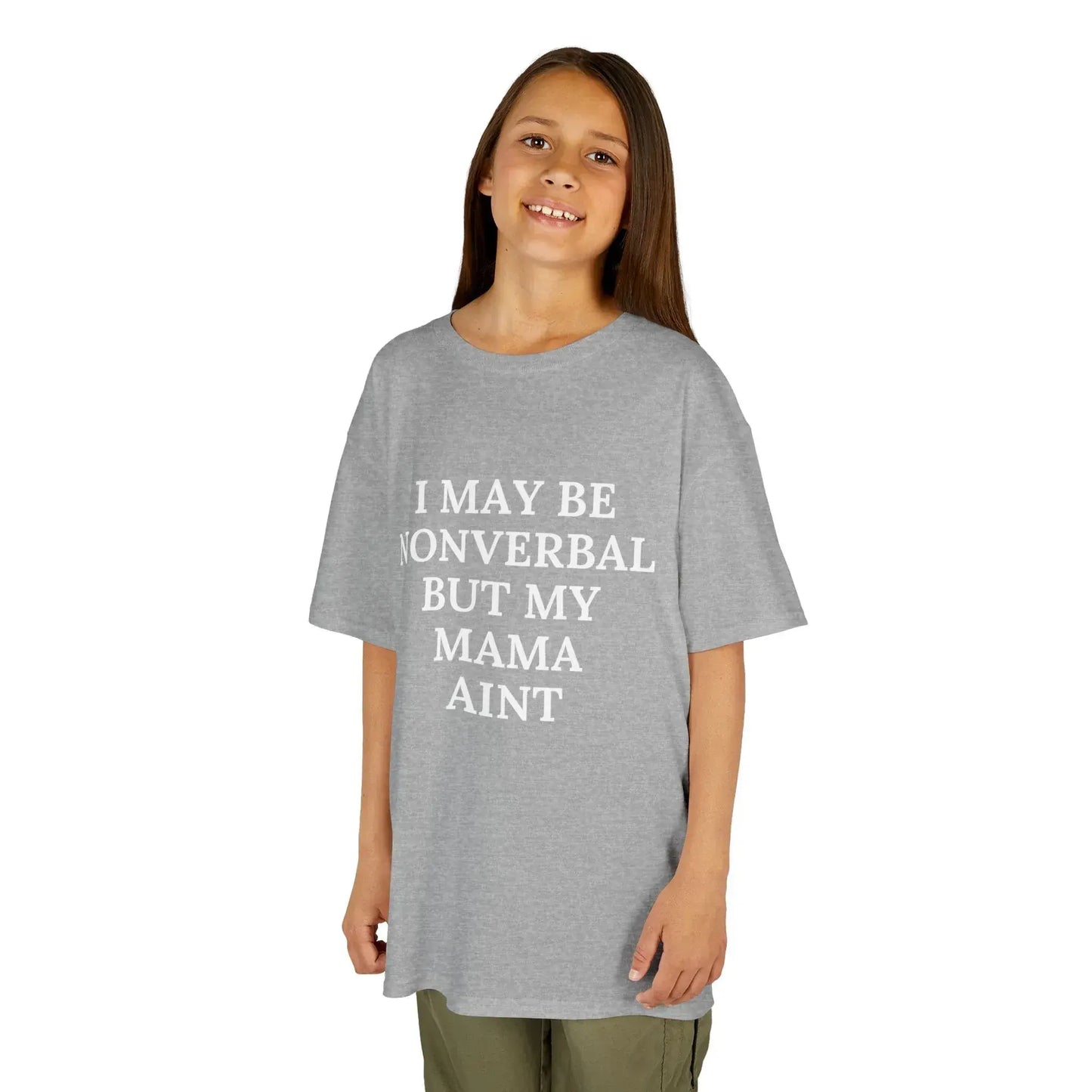 Child wearing a gray Kids Tee — “I May Be Nonverbal But My Mama Ain’t” Statement Shirt - Phresh Fashion