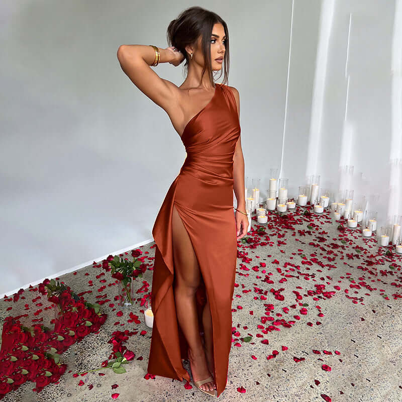 Luxe Satin One-Shoulder Backless Gown - Summer Slit Dress