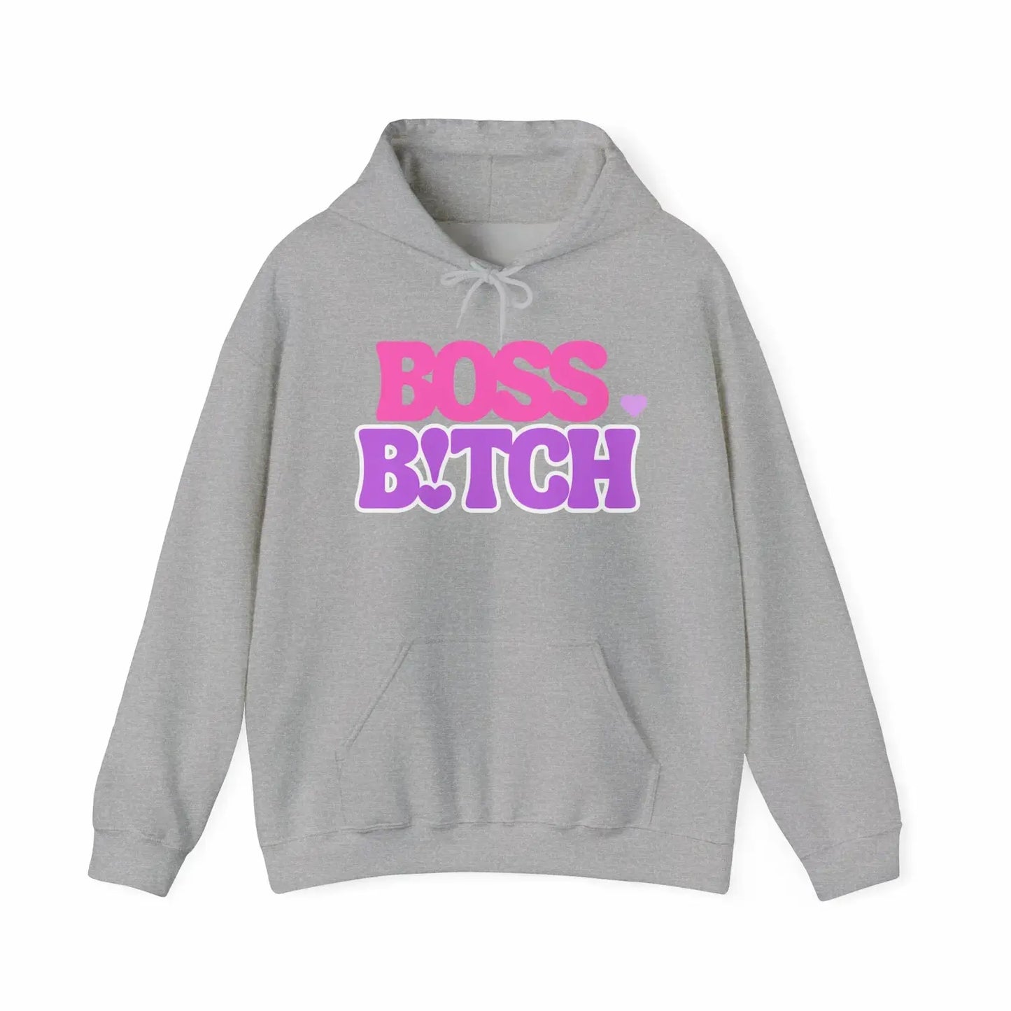 Gray hoodie with 'BOSS BITCH' text in pink and purple on a white background