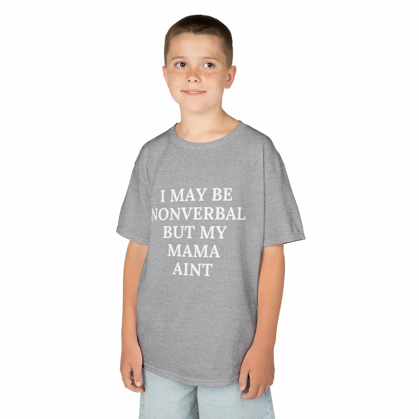 Child wearing a gray Kids Tee — “I May Be Nonverbal But My Mama Ain’t” Statement Shirt - Phresh Fashion