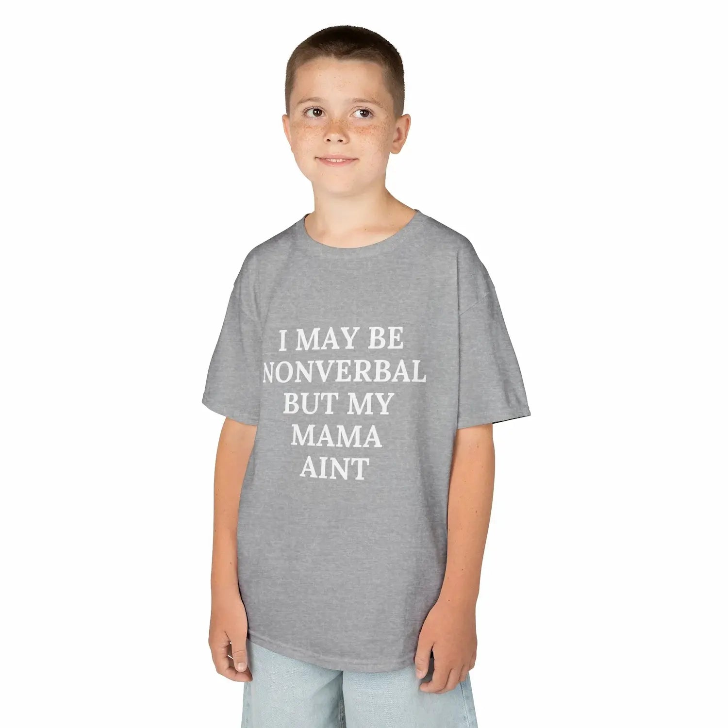 Child wearing a gray Kids Tee — “I May Be Nonverbal But My Mama Ain’t” Statement Shirt - Phresh Fashion