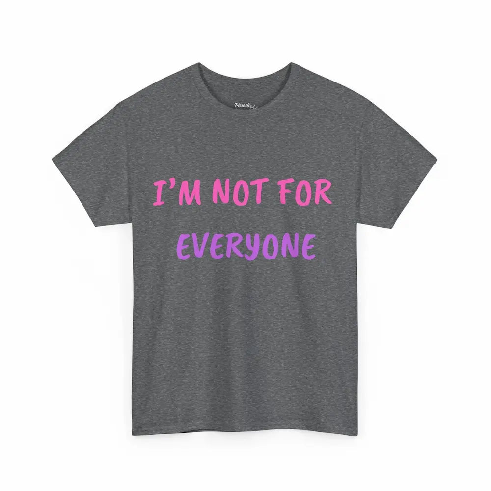 Gray t-shirt with pink and purple text on a white background