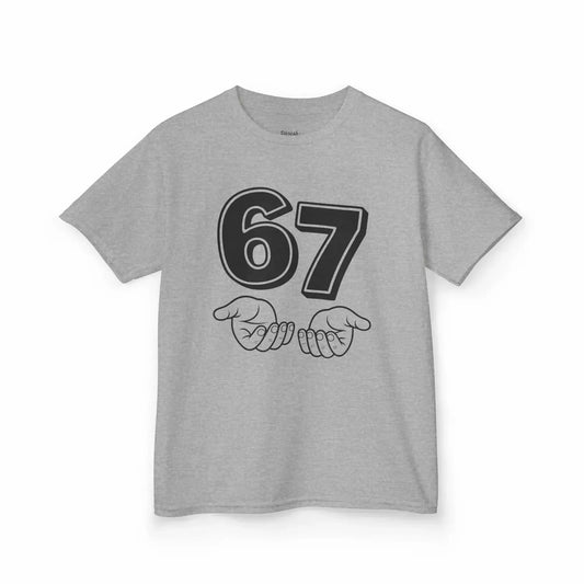 Gray t-shirt with black numbers '67' and hand graphics on a white background
