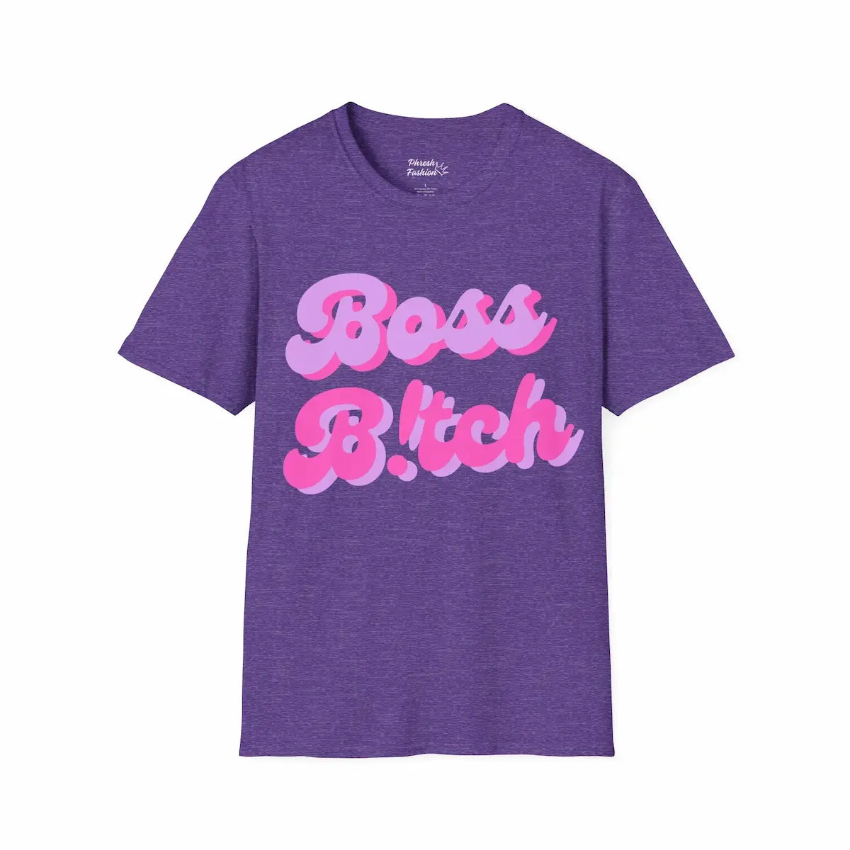 Purple t-shirt with pink text on a white background