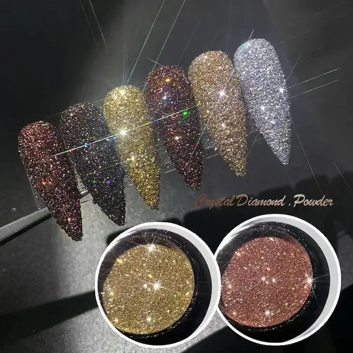 Set of glittery nail tips and two containers of glitter powder on a dark background.