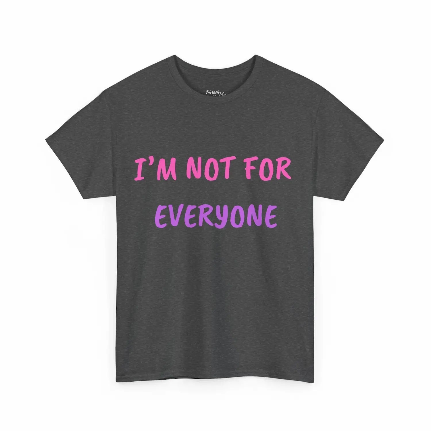 Dark gray t-shirt with pink and purple text on a white background