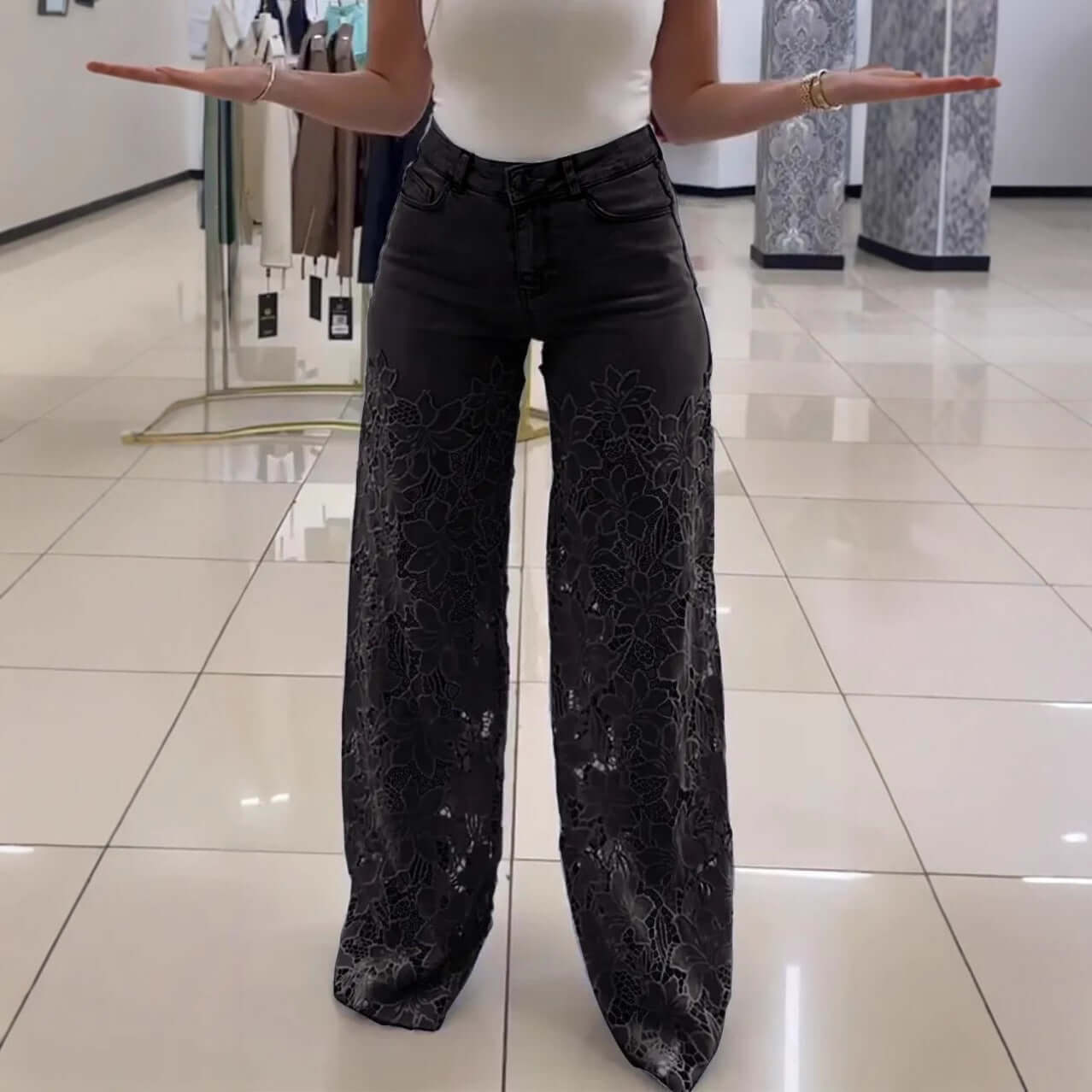 High-Waist Floral Lace Cutout Wide Leg Jeans