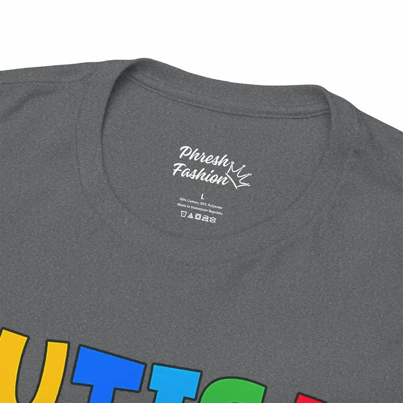 Gray t-shirt with colorful text and 'Phresh Fashion' label on a white background