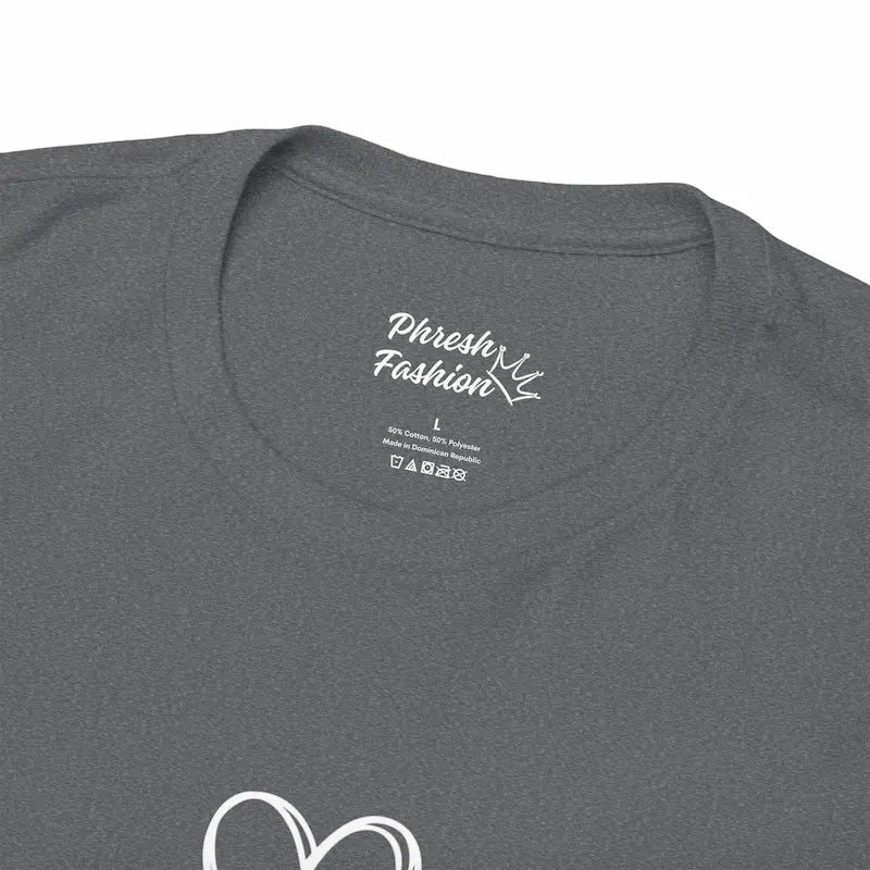 Gray t-shirt with 'Phreshly Fashion' branding on the collar and label.