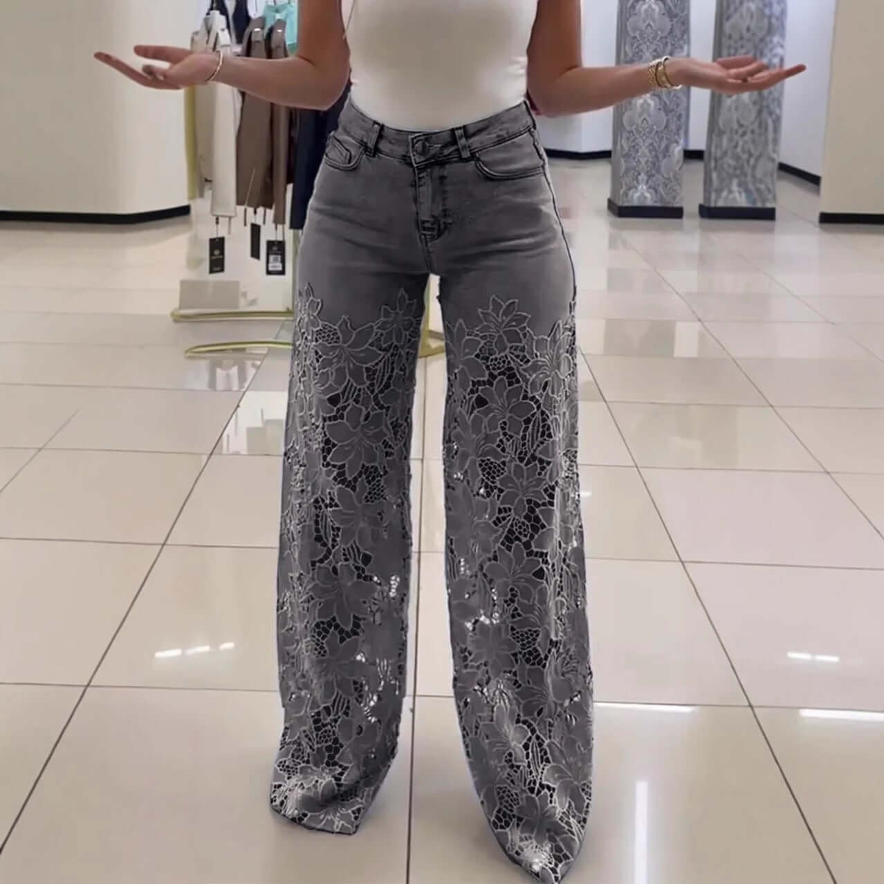 High-Waist Floral Lace Cutout Wide Leg Jeans