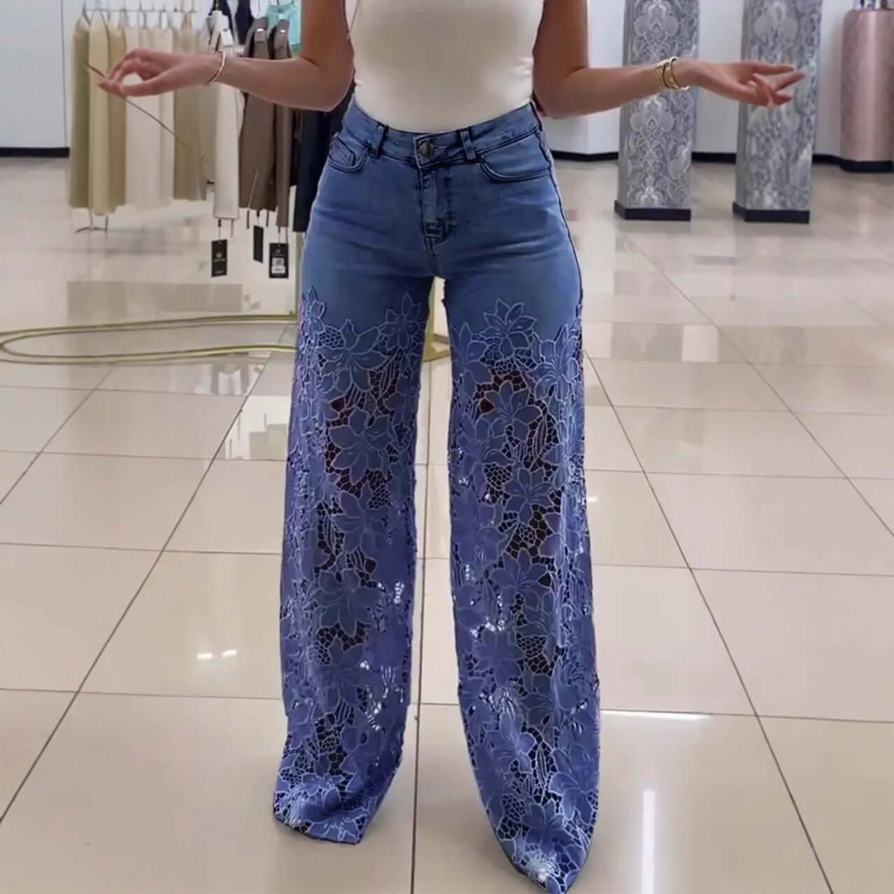 High-Waist Floral Lace Cutout Wide Leg Jeans