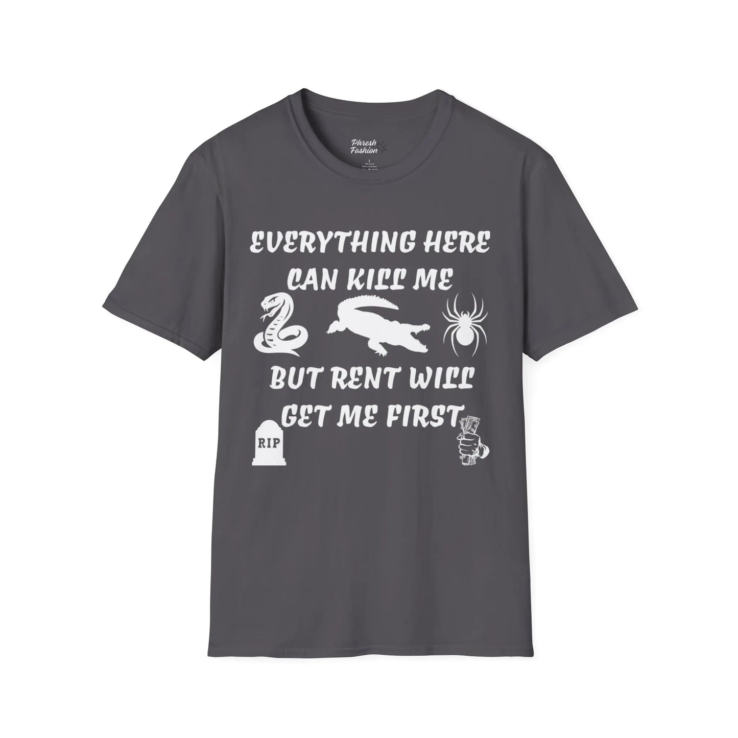 Gray t-shirt with white text and graphics on a white background