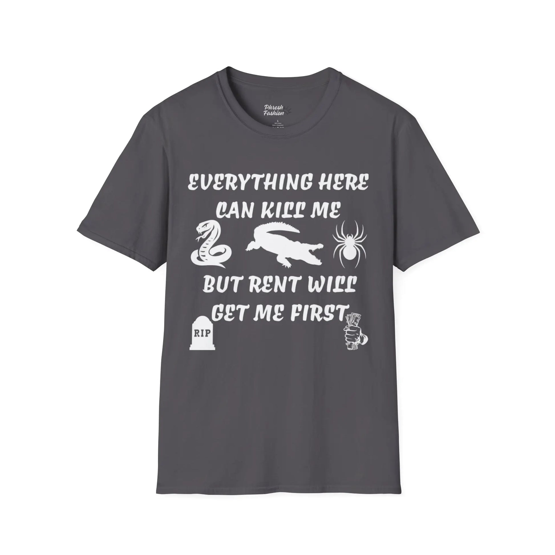 Gray t-shirt with white text and graphics on a white background