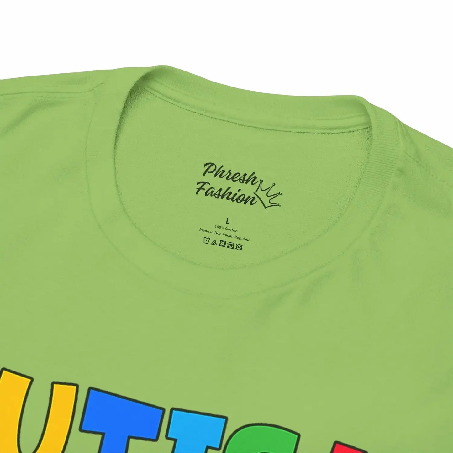 Green t-shirt with colorful text and 'Phresh Fashion' logo on a white background
