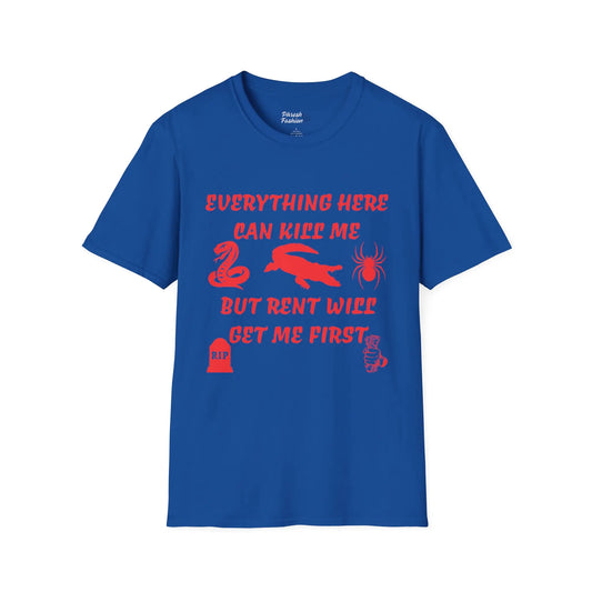 Blue t-shirt with red text and graphics on a white background