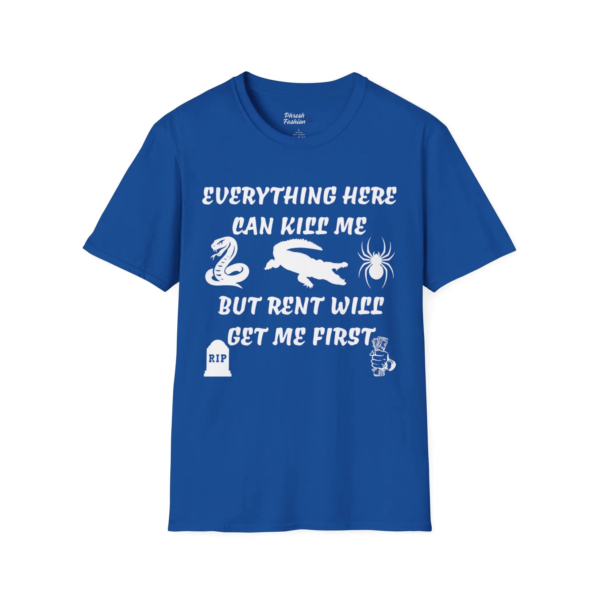 Blue t-shirt with white text and graphics on a white background