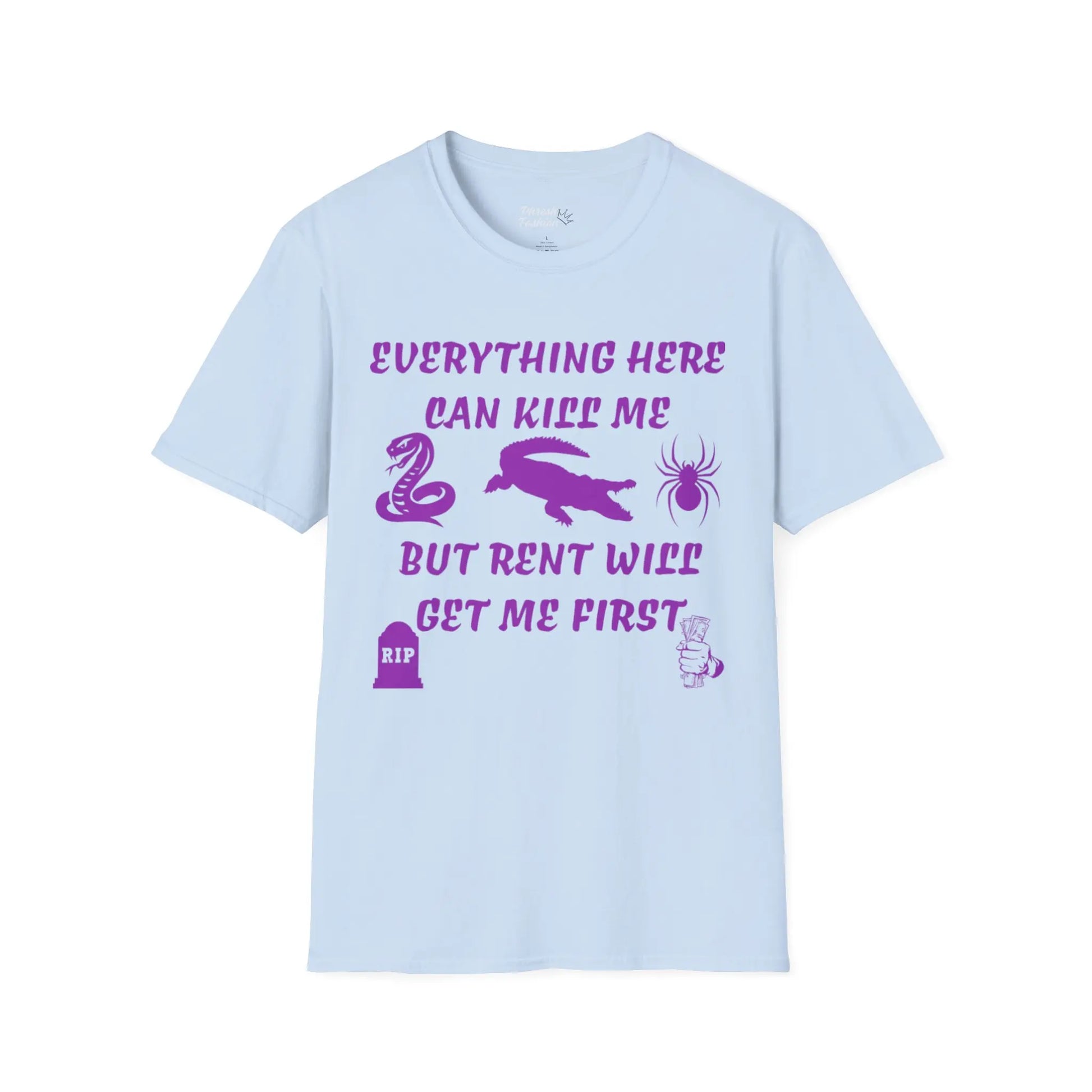 Light blue t-shirt with purple text and graphics on a white background