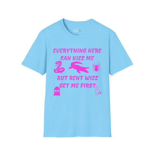 Light blue t-shirt with pink text and graphics on a white background