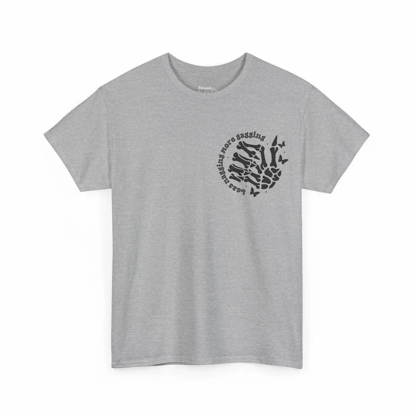 Gray t-shirt with black graphic design on a white background