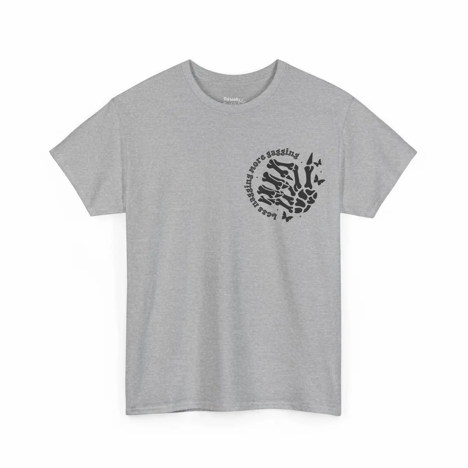 Gray t-shirt with black graphic design on a white background