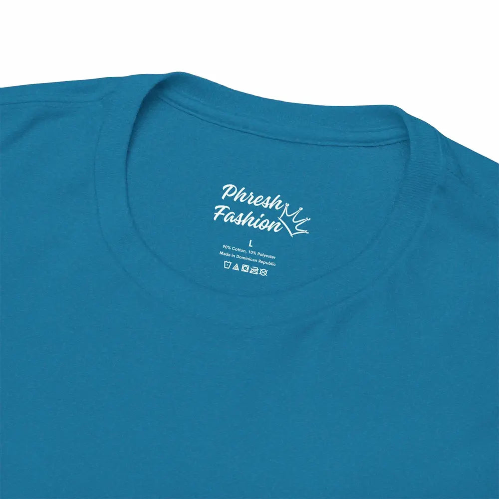 Blue t-shirt with 'Phresh Fashion' logo on a white background