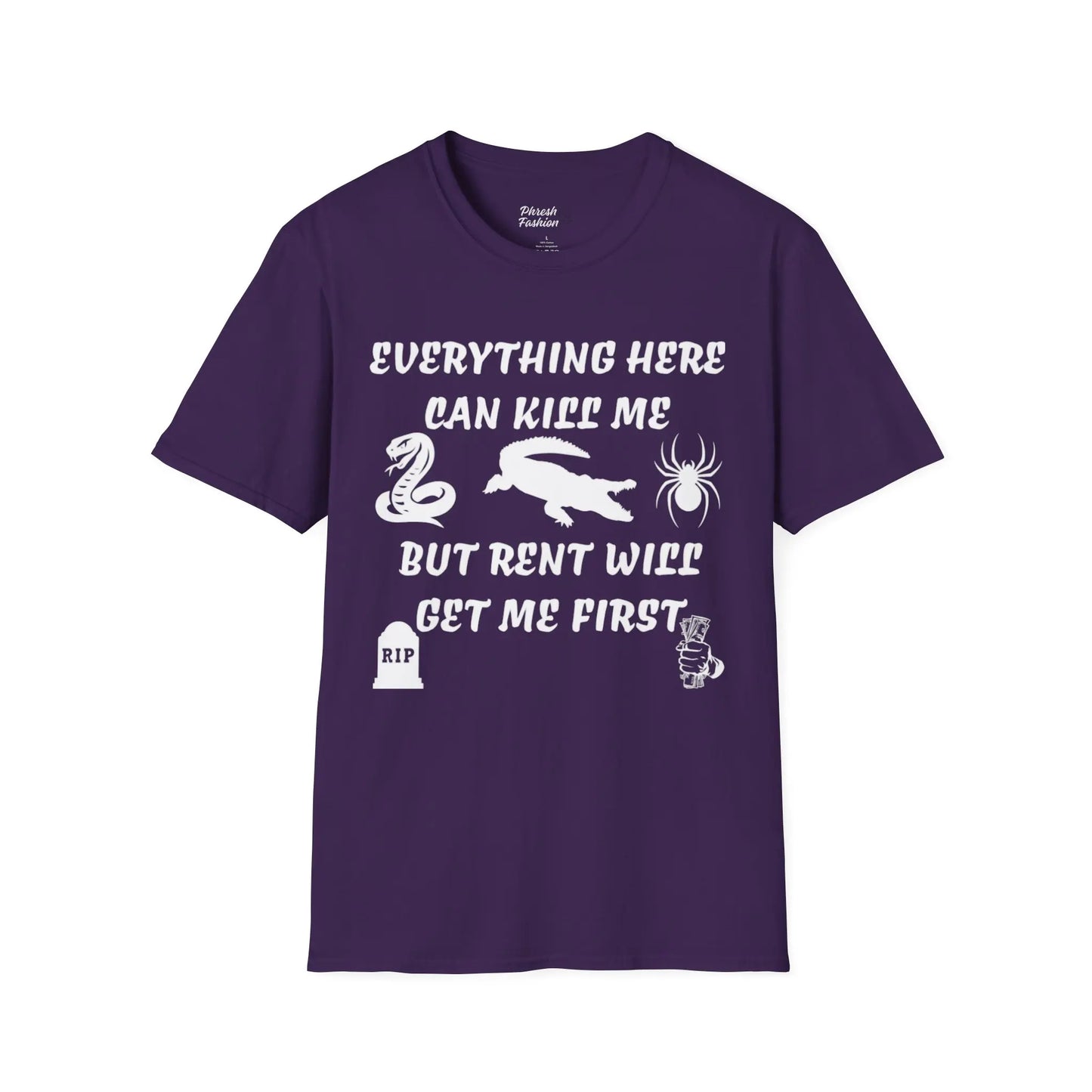 Purple t-shirt with white text and graphics on a white background