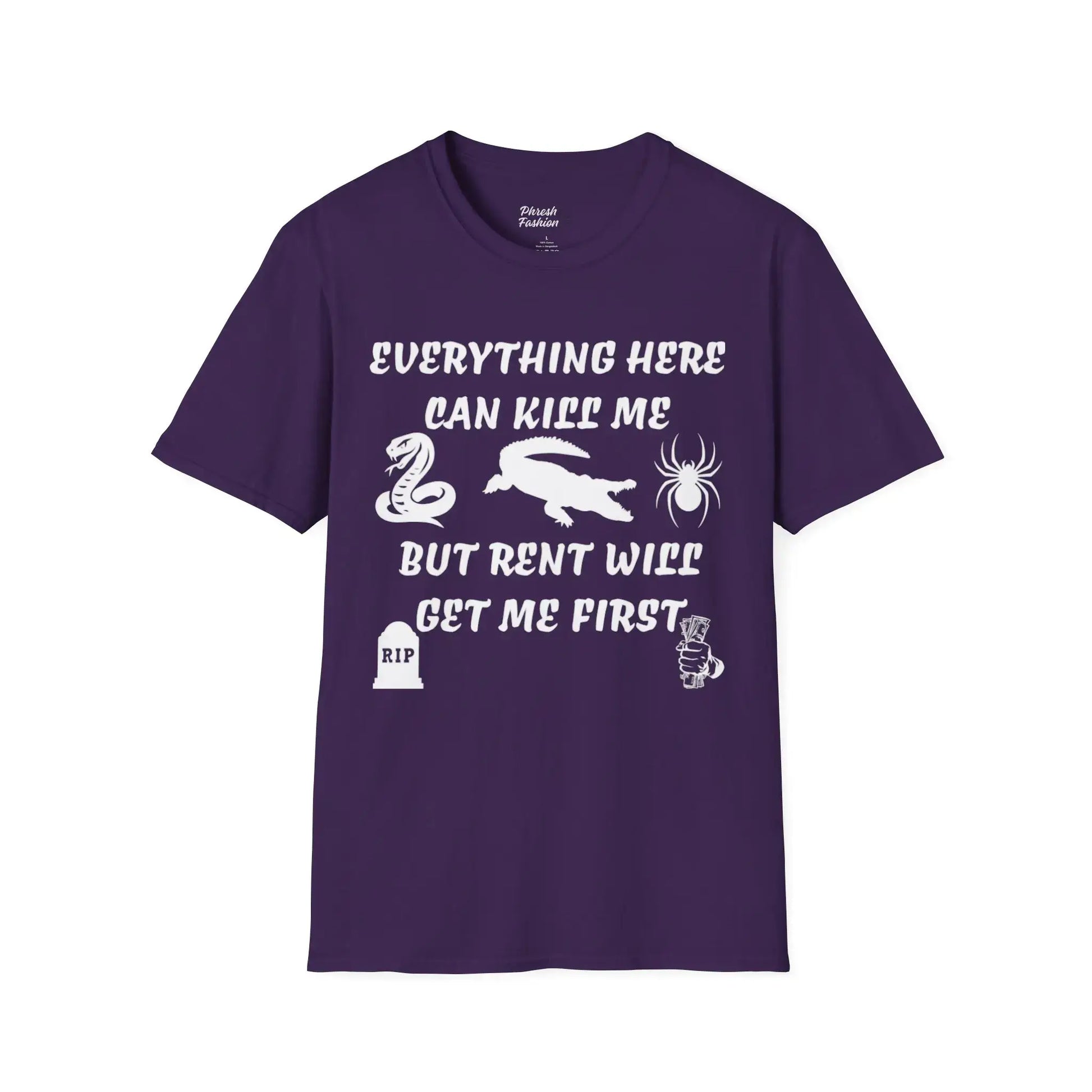 Purple t-shirt with white text and graphics on a white background