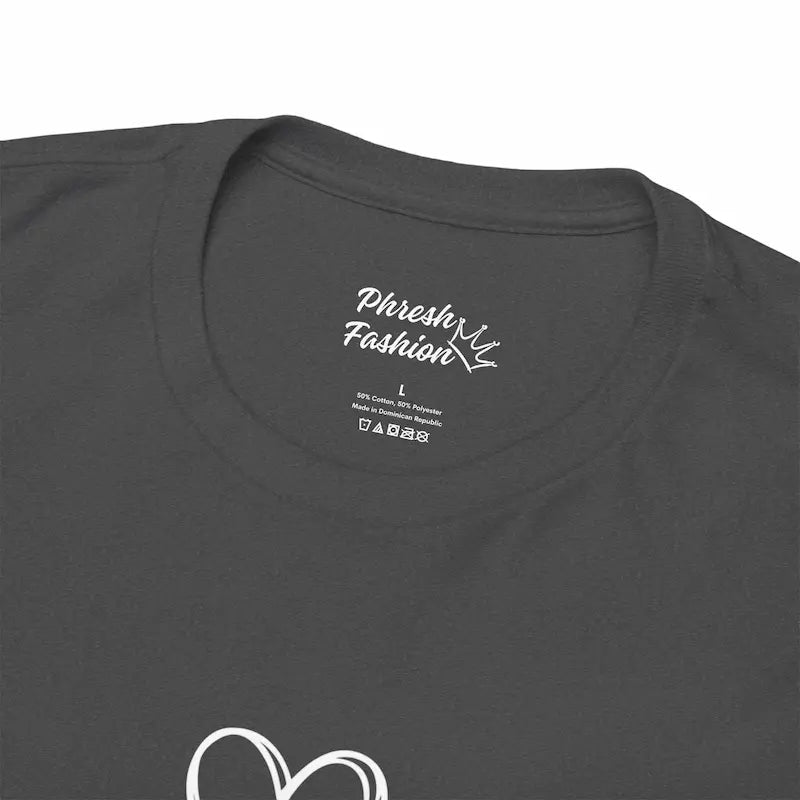 Black t-shirt with 'Phresh Fashion' logo on the collar and brand information label.