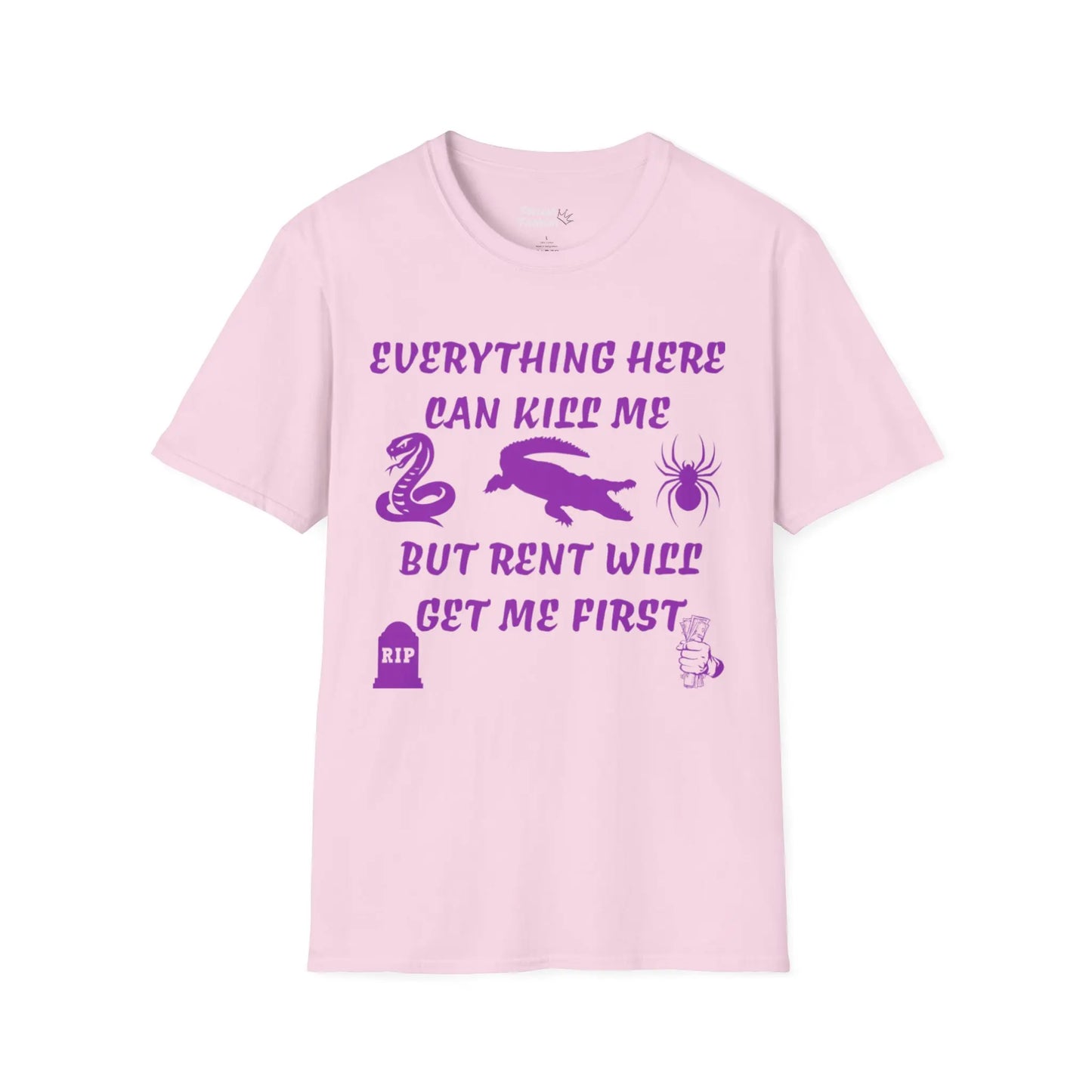 Pink t-shirt with purple text and graphics on a white background