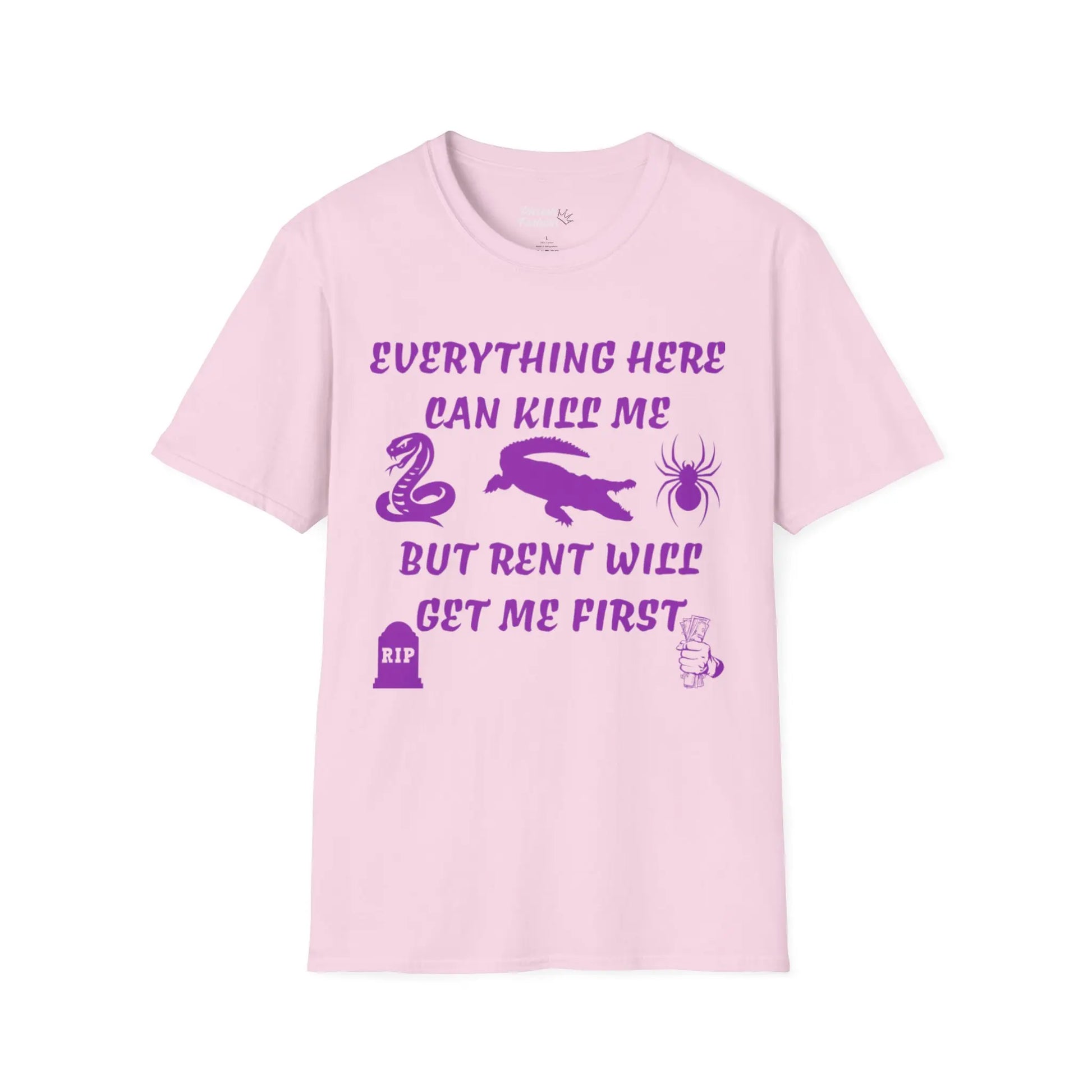 Pink t-shirt with purple text and graphics on a white background