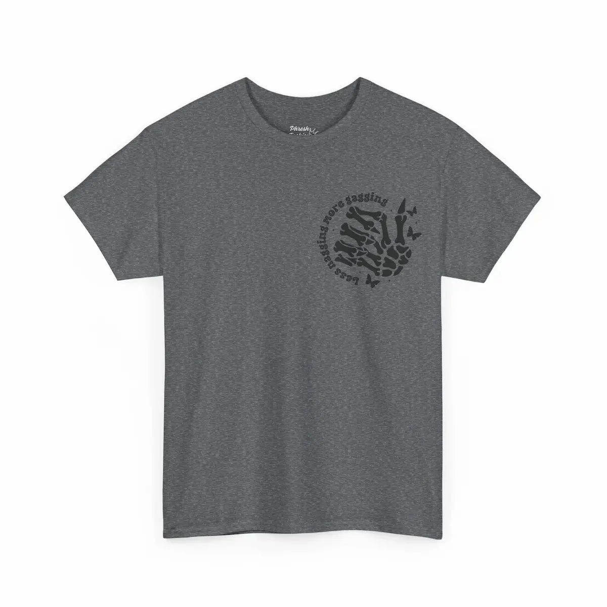 Gray t-shirt with black graphic design on a white background