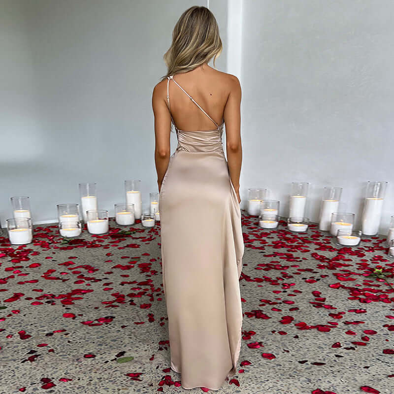 Luxe Satin One-Shoulder Backless Gown - Summer Slit Dress