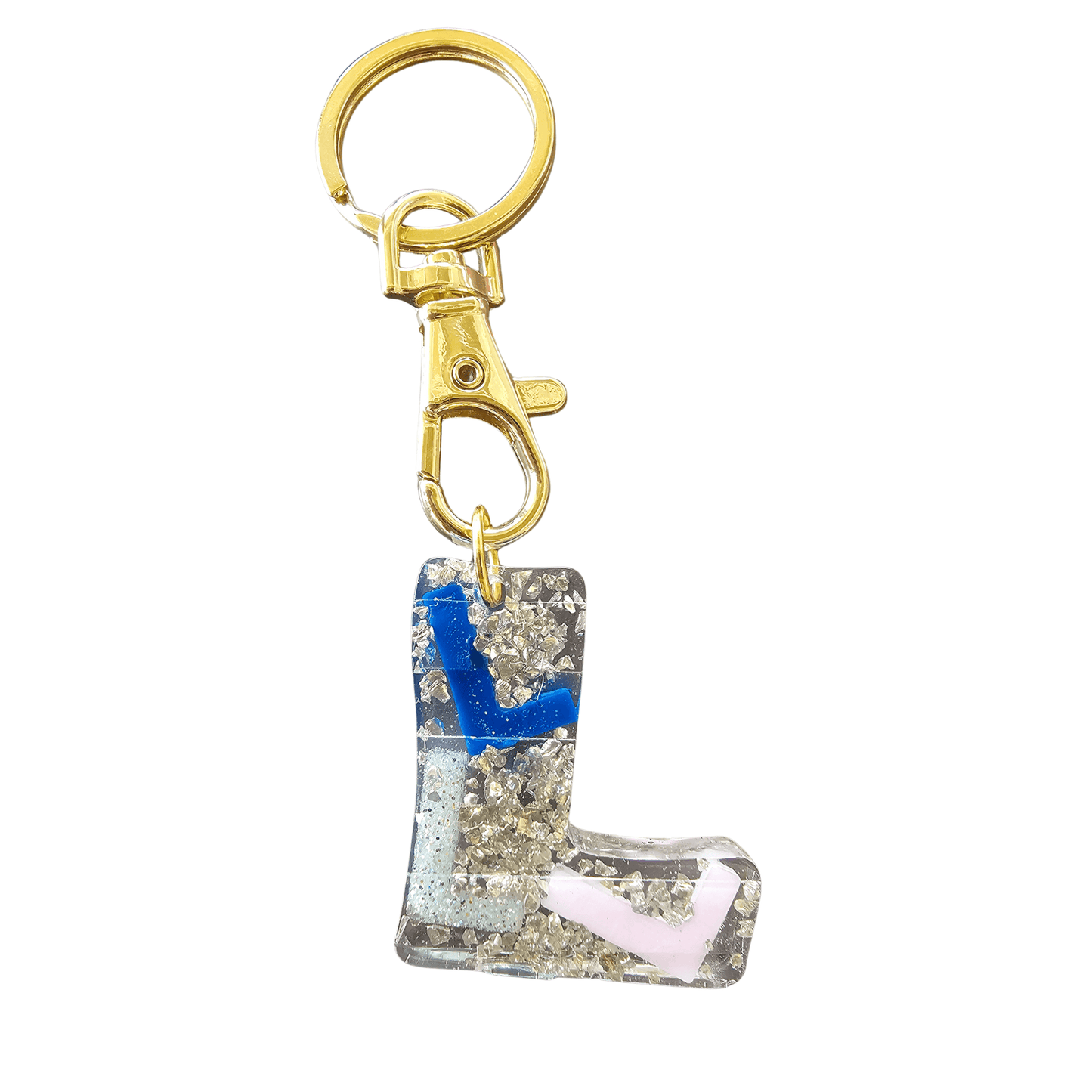 Personalised Letter Keyring featuring the letter L in stylish resin design with gold keyring attachment.