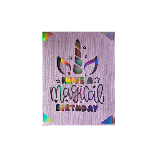 Card with unicorn design and 'Have a Magical Birthday' text on a white background