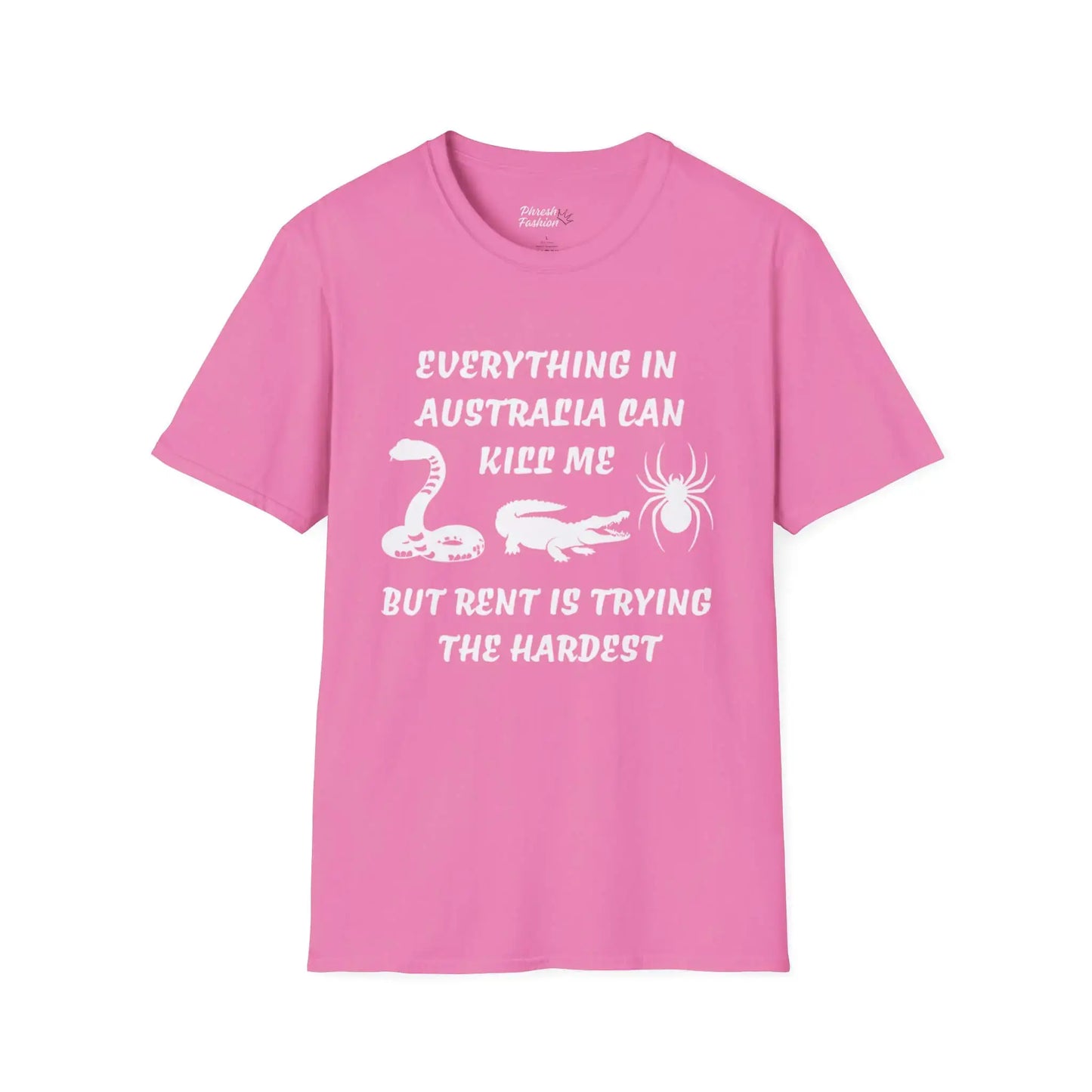 Pink t-shirt with white text on a white background