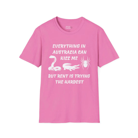Pink t-shirt with white text on a white background