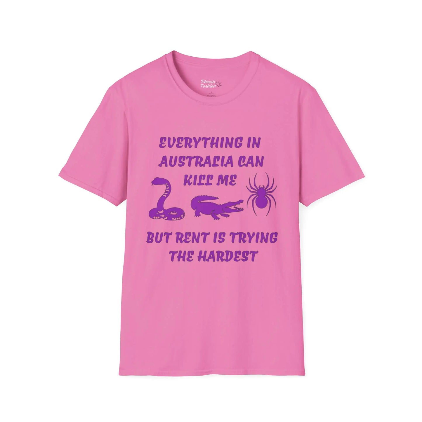 Pink t-shirt with purple text and icons on a white background
