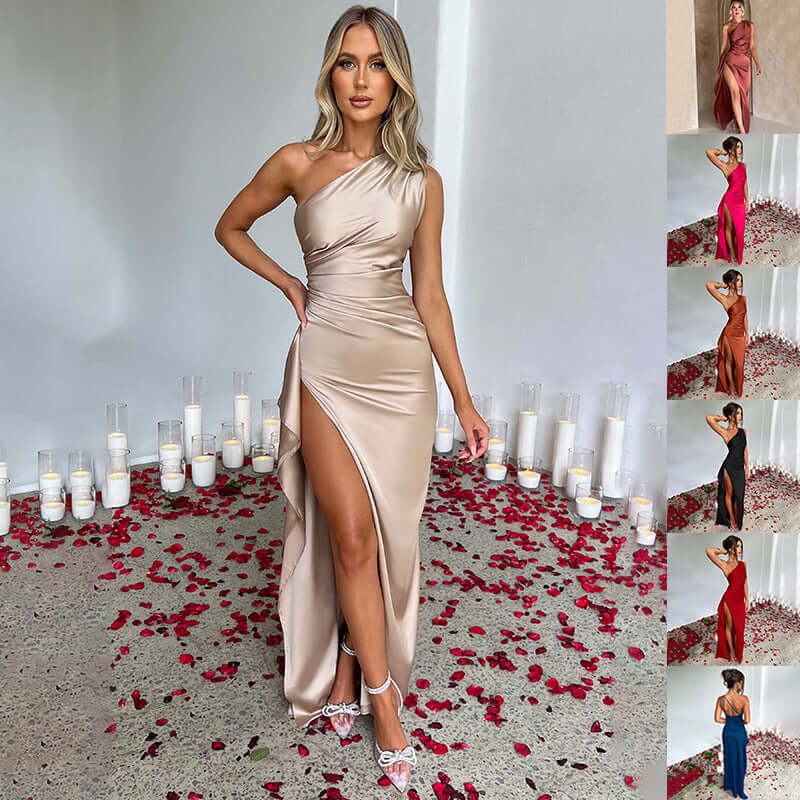 Luxe Satin One-Shoulder Backless Gown - Summer Slit Dress