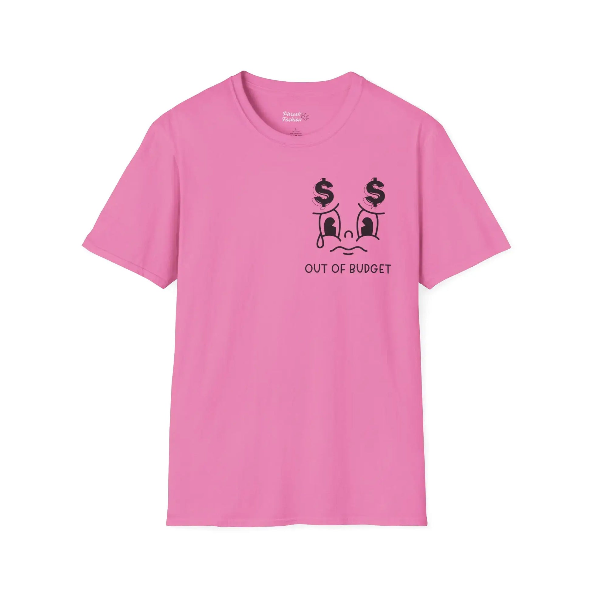 Front View Too Broke to Live, Too Broke to Die Tee in pink with bold text.